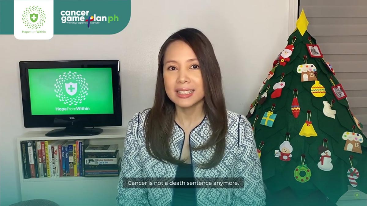 A photo of Nina Corpuz beside a christmas tree and logo of hope from within,
